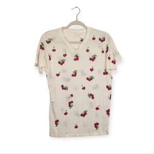 Banner Day White Linen Embroidered Cherries Tee Size M